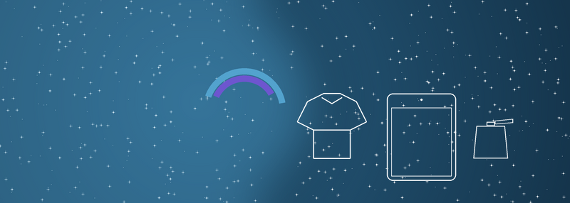 Cosmic Tranquil Energy banner with starfield and glow, showing subtle icons for e-books, apparel, and home essentials
