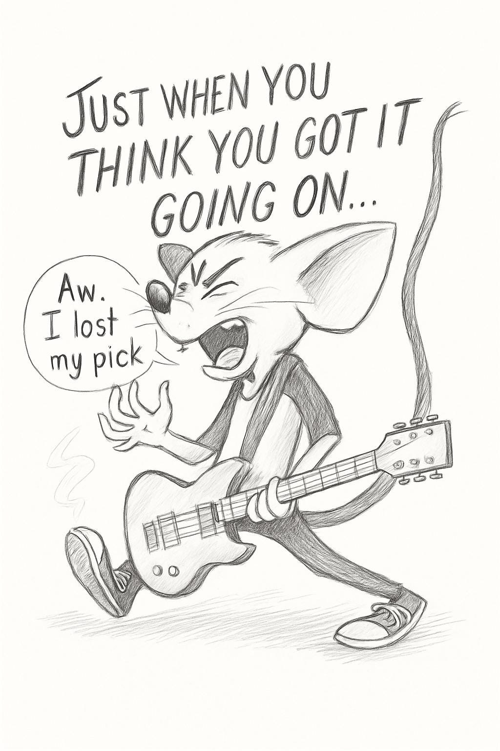 Funny Guitar Mouse Art Print  Rock Band Musician Sketch, Hand-Drawn Pencil Illustration, Humorous Music Lover Gift Drawn by me