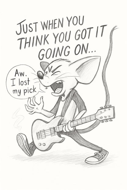 Funny Guitar Mouse Art Print  Rock Band Musician Sketch, Hand-Drawn Pencil Illustration, Humorous Music Lover Gift Drawn by me